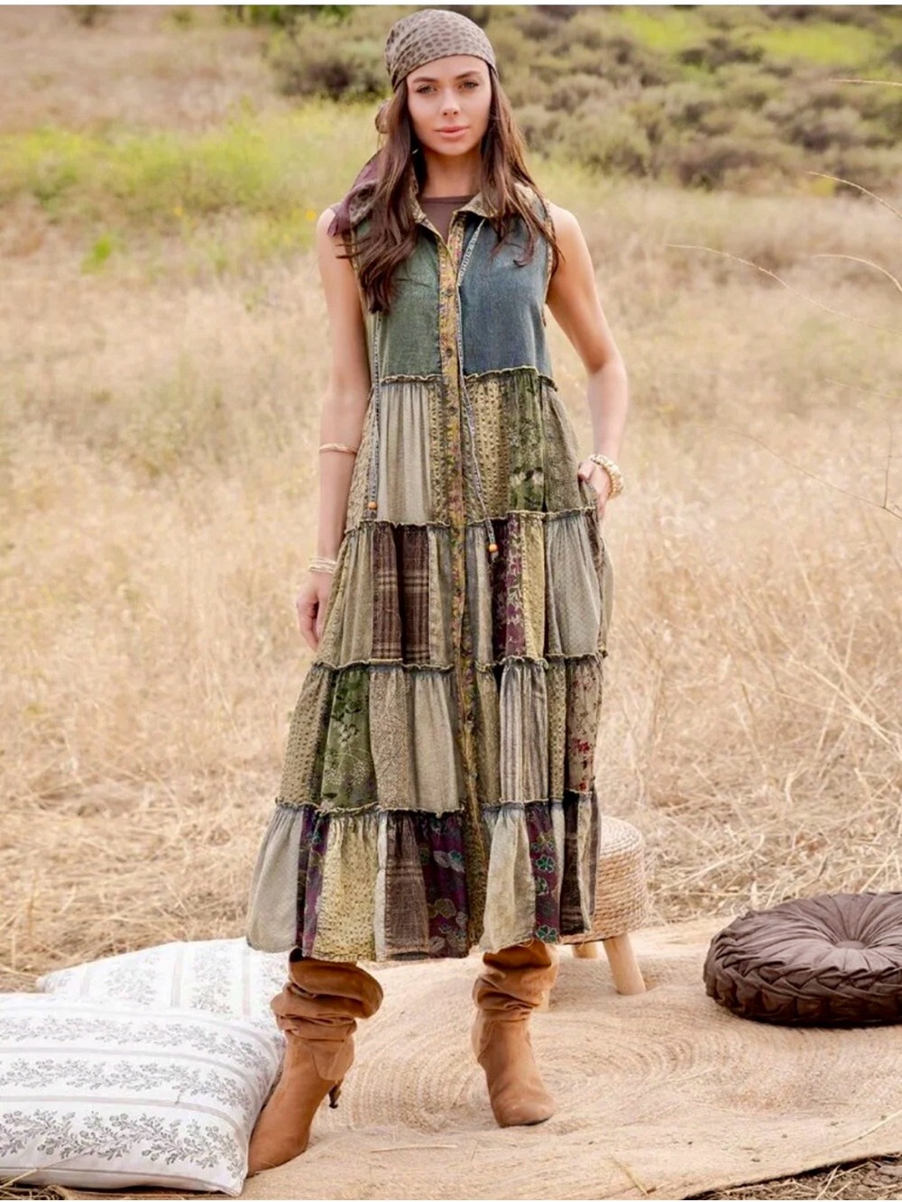 Young Threads Boho Tiered Patchwork Maxi Dress in Olive Green